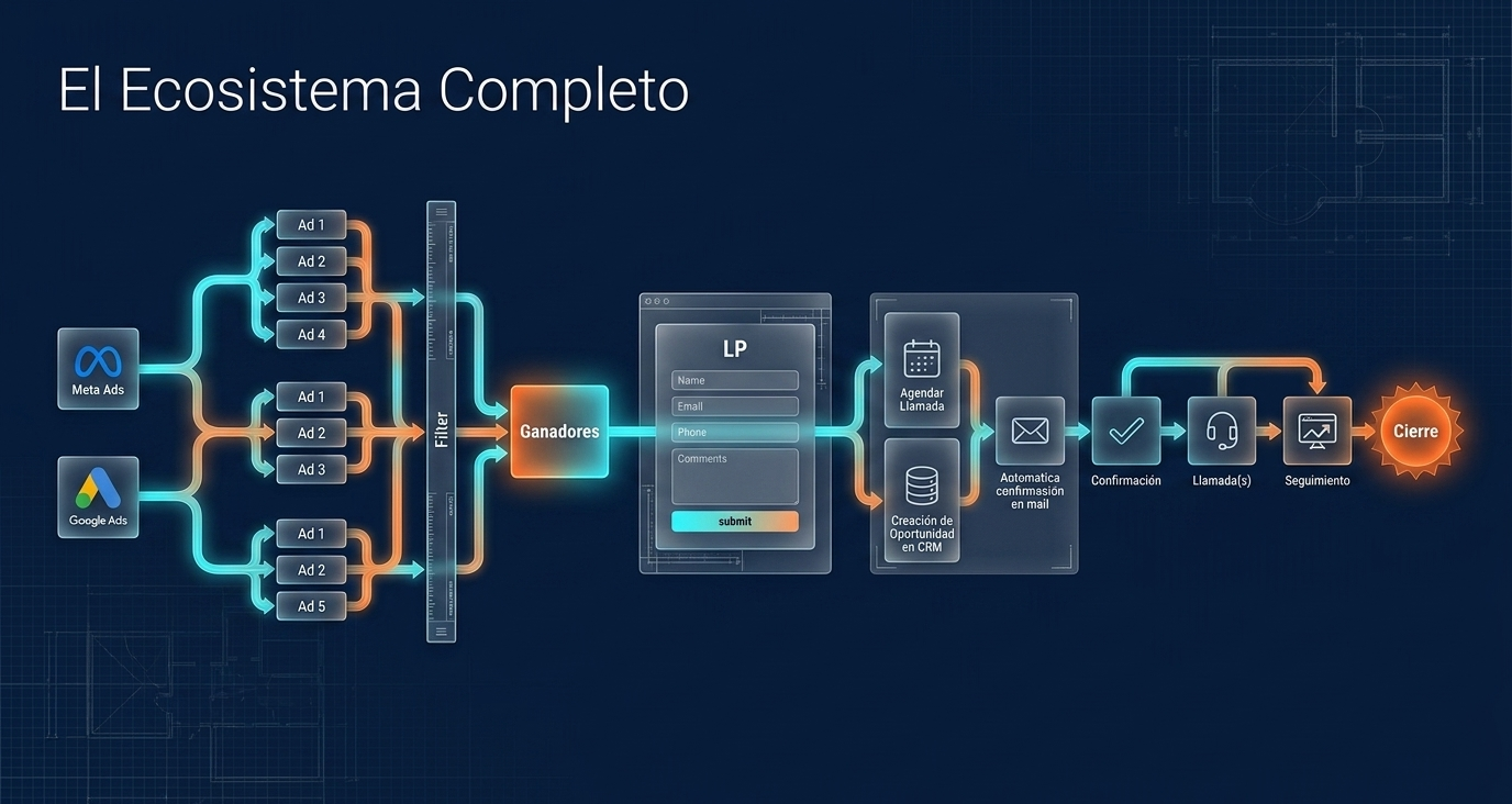 Diagrama del ecosistema completo de captación, filtro, landing, CRM y cierre