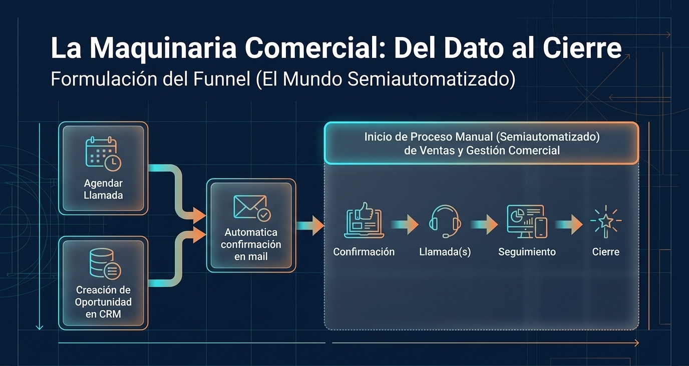 Diagrama de maquinaria comercial desde agenda y CRM hasta confirmación, llamadas, seguimiento y cierre