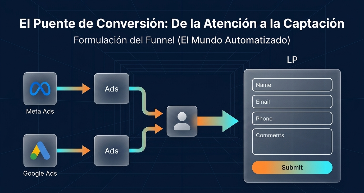 Diagrama del puente de conversión desde Meta Ads y Google Ads hacia una landing page