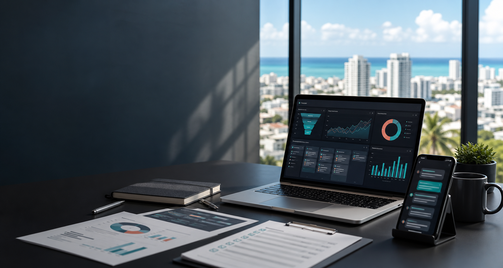 Dashboard comercial con métricas de marketing, CRM y seguimiento de ventas